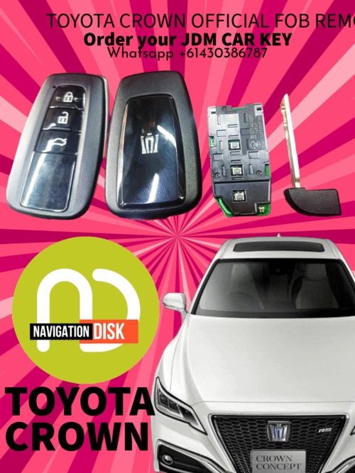 Remote key fob and car key for Toyota Crown vehicle with NavigationDisk system.