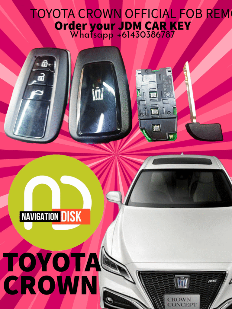 Remote key fob and car key for Toyota Crown vehicle with NavigationDisk system.
