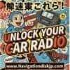 Illustration of a cartoon character pointing at a car radio with the website navigationdiskjp.com fo.