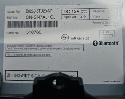 Product label showing model number, serial, and Bluetooth information.