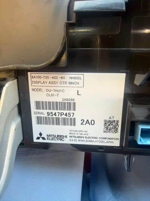 Close-up of Mitsubishi Electric display assembly label with model and serial details.