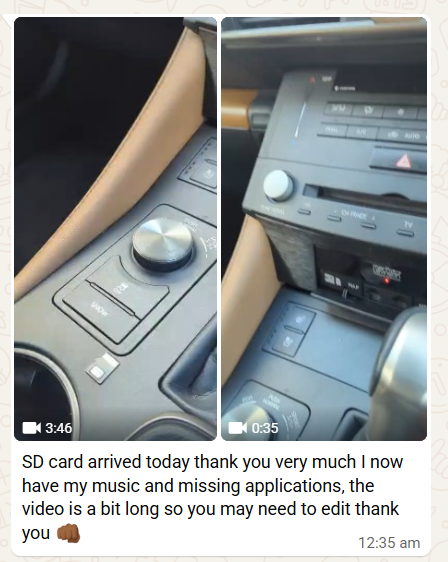customer review from UK - Alhmadulillah only we deliver worldwide all LEXUS SD card with assurance to work